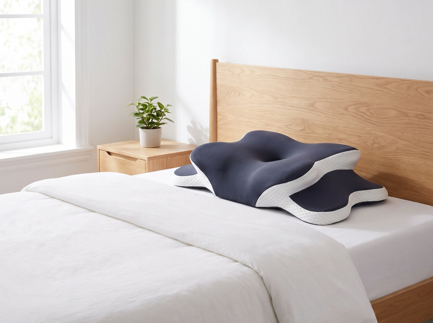 Kleeva Hybrid Neck Pillow on a bed